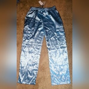 NWT, light blue, satin, pull on, cargo pants- women's juniors sizes S or L or XL